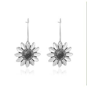 Silver Sunflower Dangle Earrings Boho Flower Vintage Style Statement New